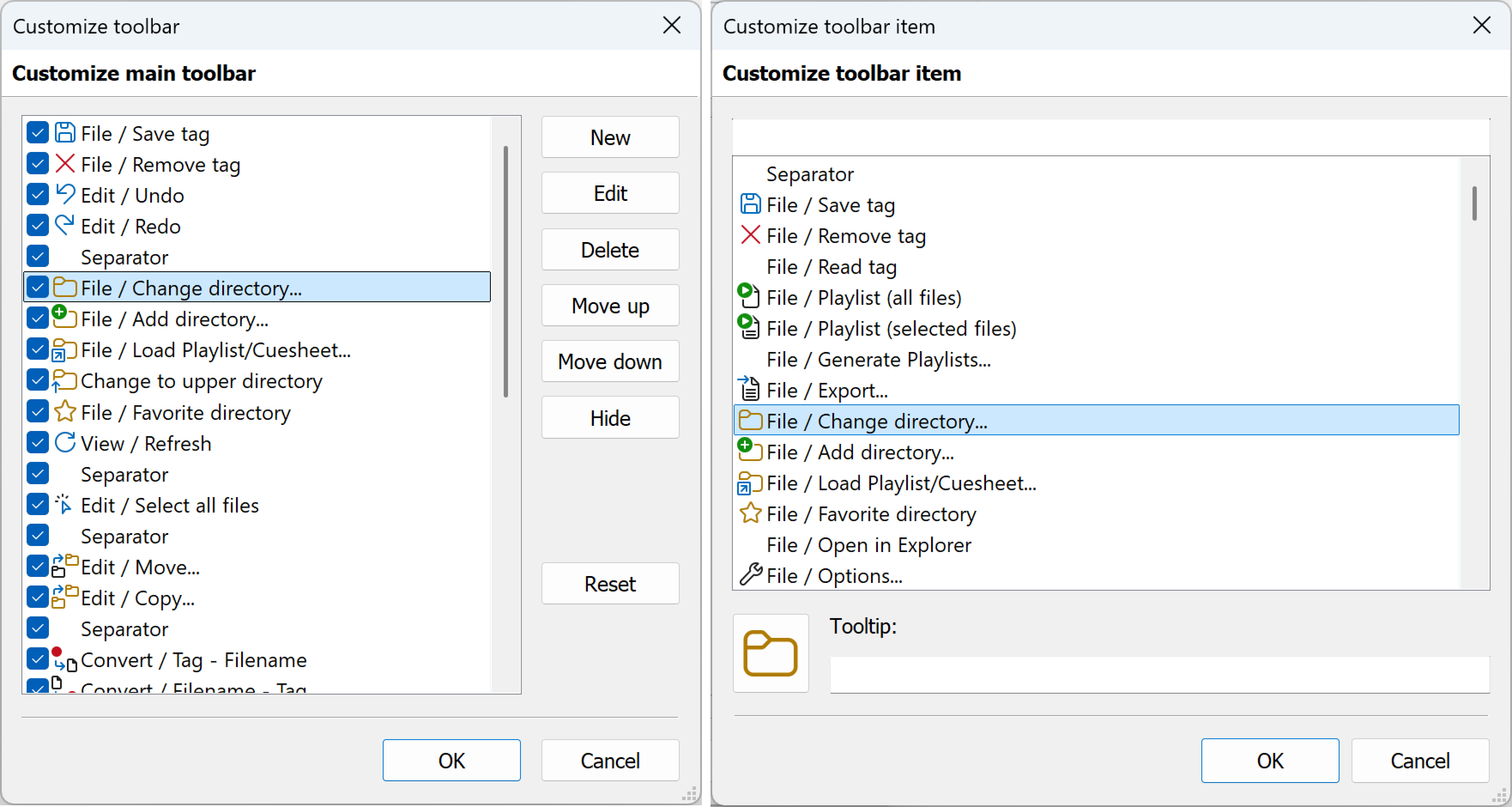 Toolbar customization and item configuration